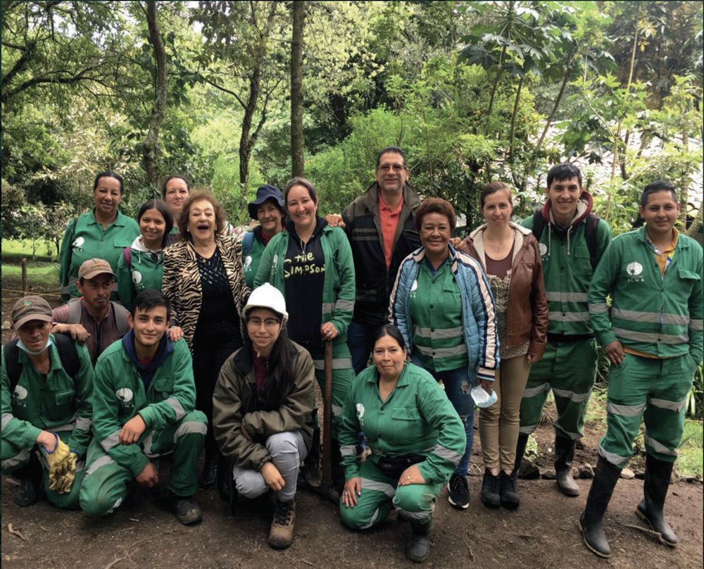 Equipo y comunidad con uniforme verde en un bosque