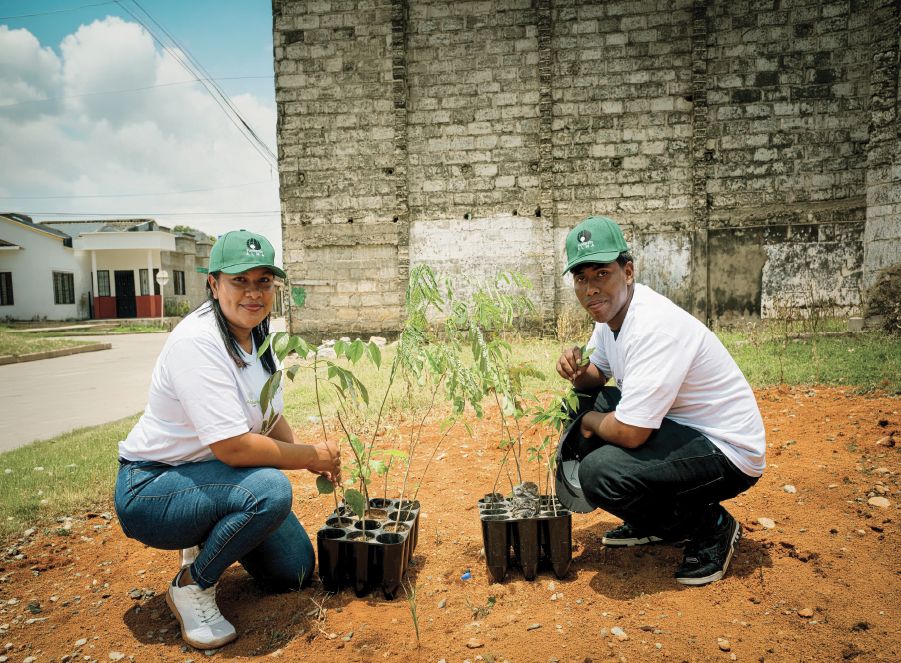 Dos jóvenes sembrando plántulas en un barrio
